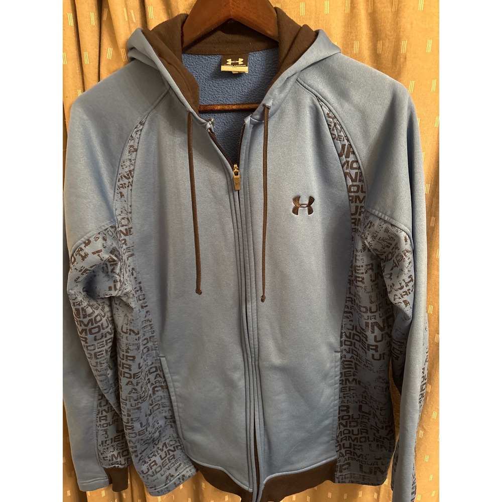 Under Armour Mens Full Zip Hoodie Blue Brown Logo Print Fleece Sweatshirt MD